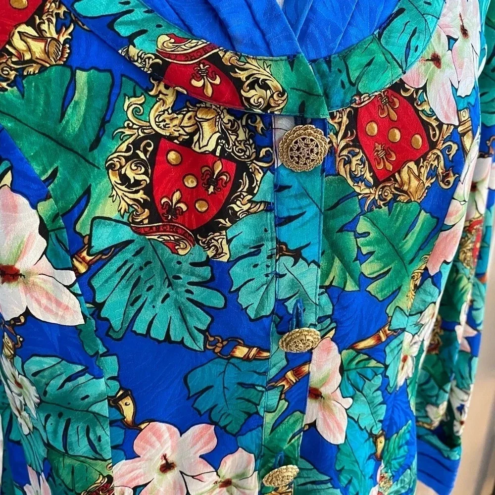 Diane Freis Vintage 80s Floral Silk Blouse With Gold Buttons - Picture 3 of 10